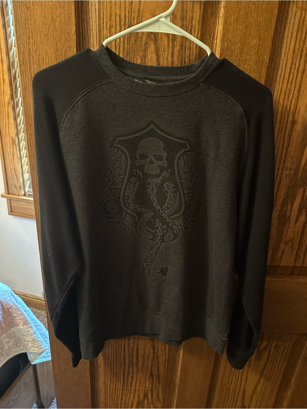 Black Crewneck Sweater with Subtle Skull Graphic - Harry Potter Deathly Hallow